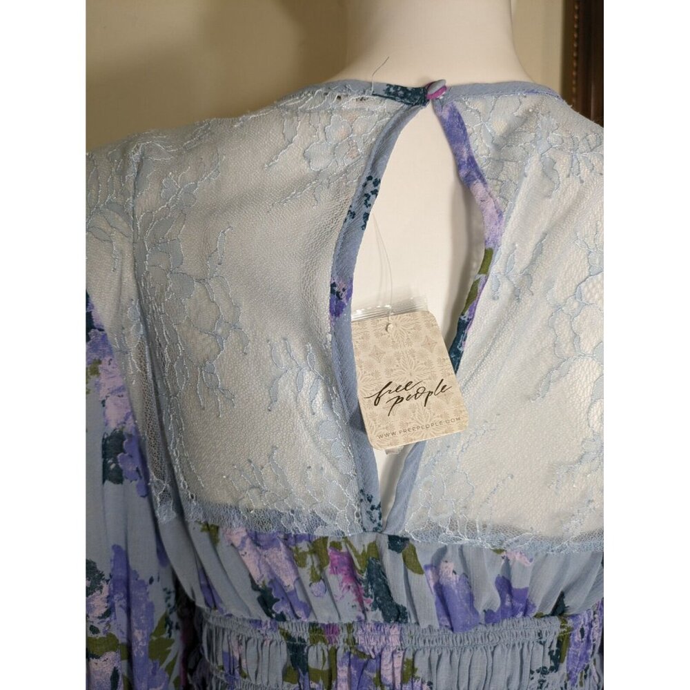 Free People Women's Size M Daphne Blouse Silver Blue Combo Smocked Cropped 37 - Picture 12 of 13